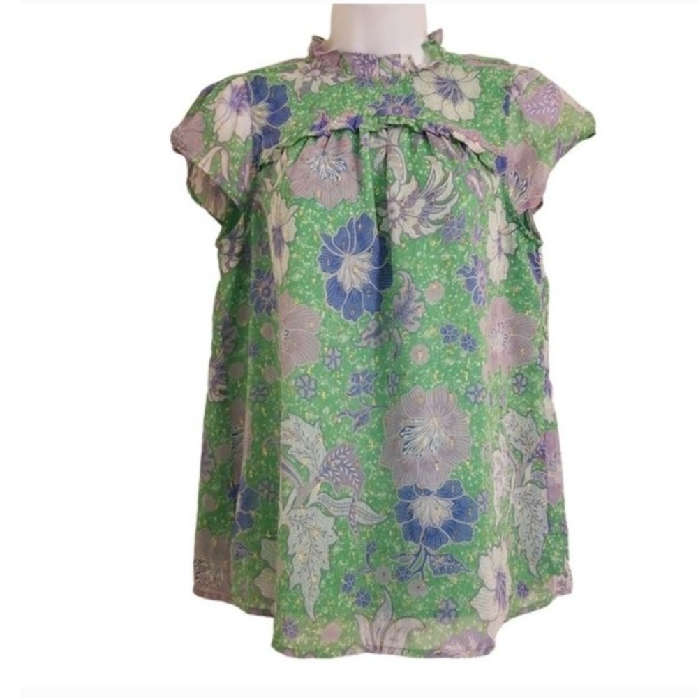 Joie Green Purple Floral Metallic Lurex Cap Sleeve Ruffle Neck Blouse Small